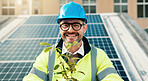 Plant, portrait and solar energy with man on roof in city for conservation or sustainability. Building, photovoltaic power and smile of happy mature construction worker outdoor for panel installation