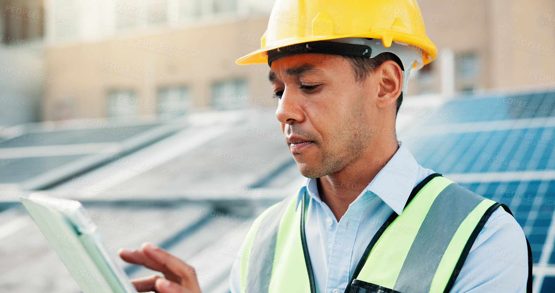 Buy stock photo Building, solar energy and tablet with construction worker man in city for installation of panels. App, infrastructure and roof with serious person outdoor photovoltaic or power source maintenance