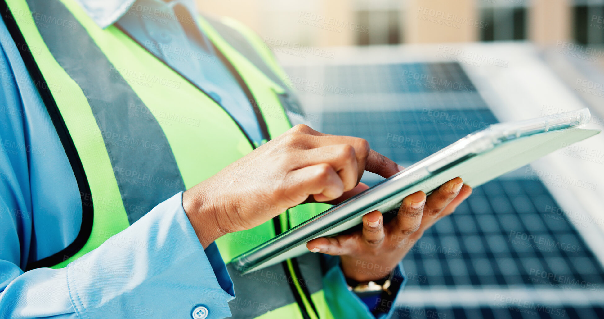 Buy stock photo Person, engineer and hands with tablet for solar power installation, checklist or safety in city. Closeup, technician or maintenance inspection with technology for sustainable or renewable energy