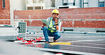 Tablet, solar panel worker and radio on rooftop for PV installation, troubleshooting or maintenance. Talking, photovoltaic technician and tech with feedback for renewable energy and site assessment