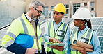Team, blueprint and tablet for urban development or architecture, maintenance or renovation. Construction site, engineering collaboration or people on rooftop with tech, digital floorplan or strategy