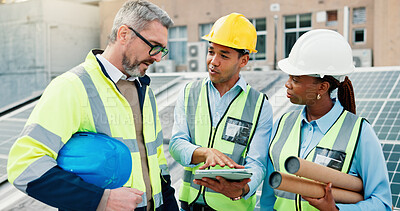 Buy stock photo Engineering, people and tablet with plan for solar panel inspection, maintenance and clean energy chat outdoor. Renewable, team and employees with digital checklist for installation assessment 