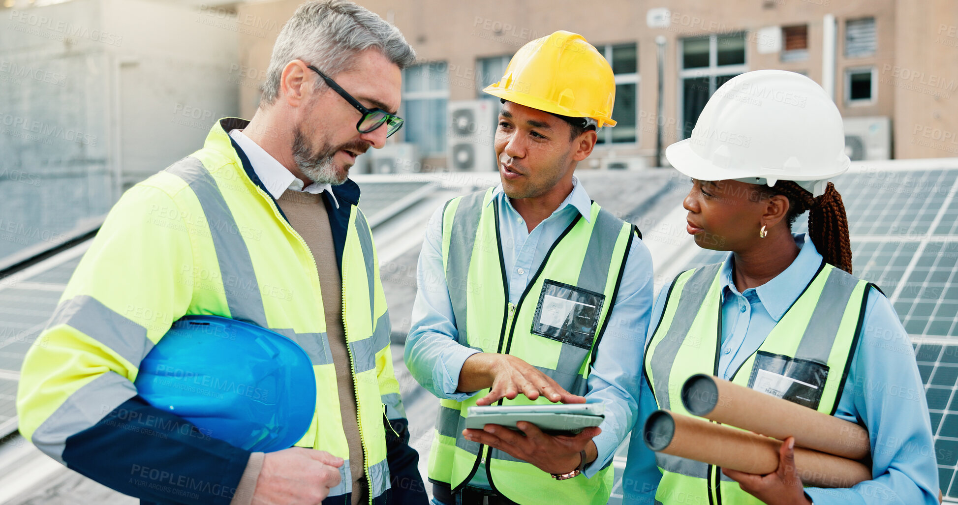 Buy stock photo Engineering, people and tablet with plan for solar panel inspection, maintenance and clean energy chat outdoor. Renewable, team and employees with digital checklist for installation assessment 