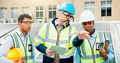 Buy stock photo People, engineer or team with tablet for solar power maintenance, development or project in city. Group, employees or technician with technology for sustainable plan or renewable energy on rooftop
