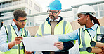 Team, blueprint and planning for urban development or architecture, maintenance or renovation. Construction site, contractor job collaboration and people on rooftop, building floorplan or strategy