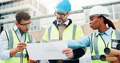 Buy stock photo Team, engineering and plan for solar panel maintenance, people on roof for meeting, inspection and clean energy. Engineer collaboration, paperwork and discussion for renewable power upgrade outdoor