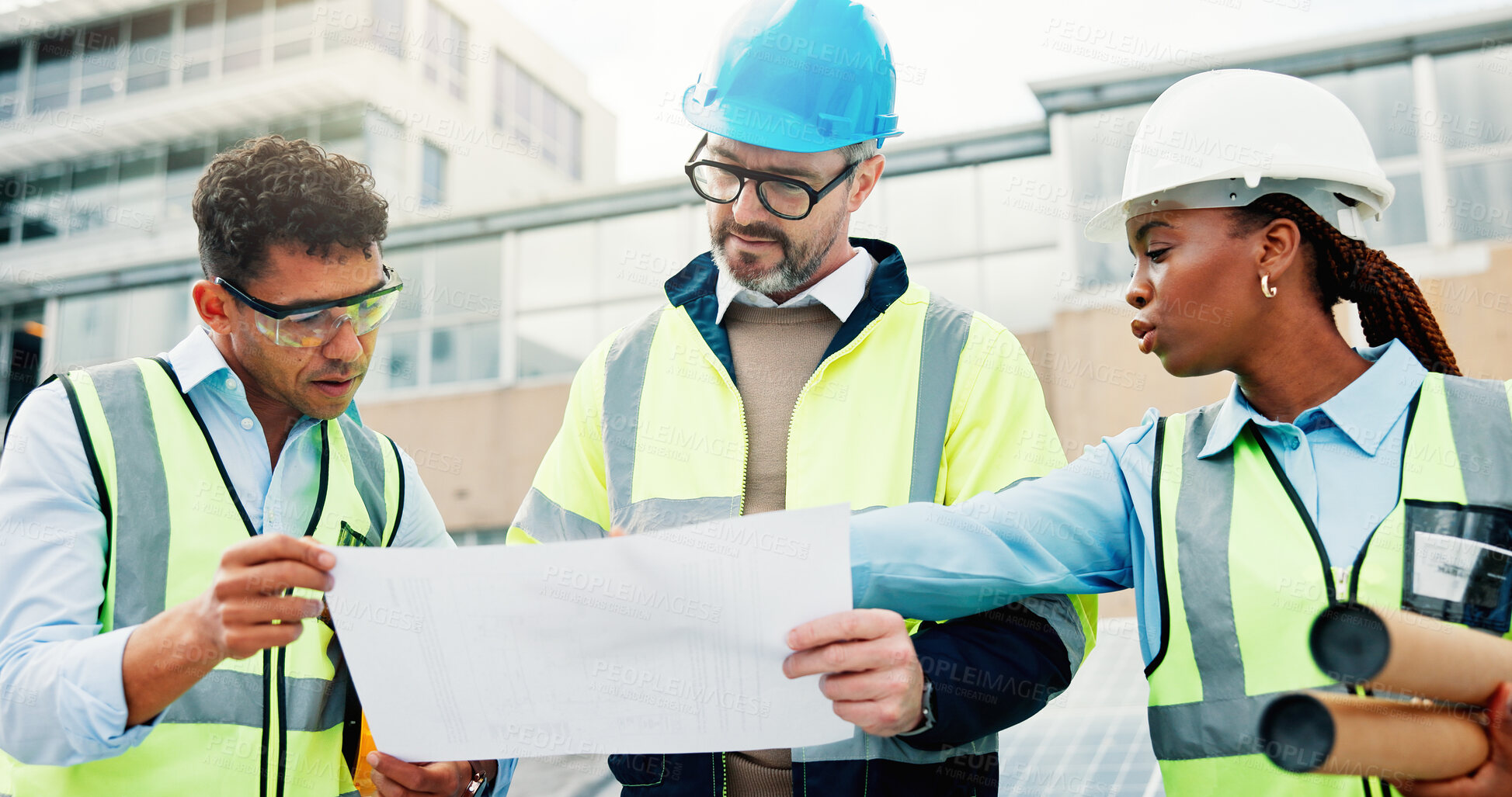 Buy stock photo Team, engineering and plan for solar panel maintenance, people on roof for meeting, inspection and clean energy. Engineer collaboration, paperwork and discussion for renewable power upgrade outdoor