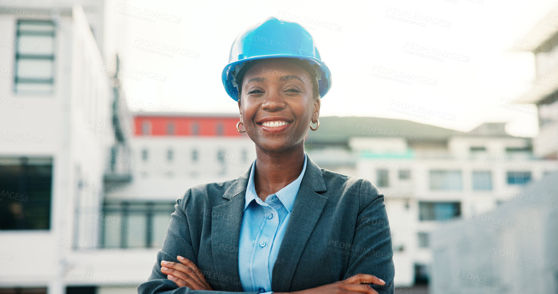 Buy stock photo Portrait, architecture and black woman in city, arms crossed and project management with career ambition. Outdoor, engineering and African person with helmet, pride and renovation with real estate