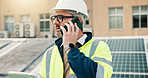 Solar panel, tablet or worker with phone call outdoor for site assessment feedback, update or planning. Engineer, mature person and talking to client on rooftop with PV app for system inspection chat