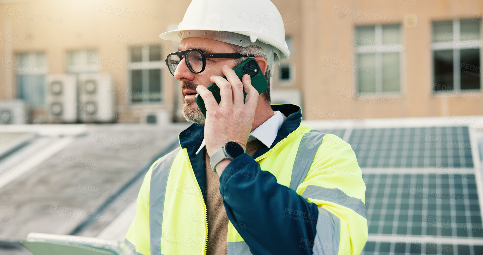 Buy stock photo Solar panel, tablet or worker with phone call outdoor for site assessment feedback, update or planning. Engineer, mature person and talking to client on rooftop with PV app for system inspection chat