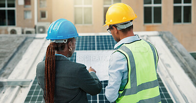 Buy stock photo Blueprint, planning and solar energy with construction worker people on roof of building from back. Architecture, collaboration or engineering with team outdoor for installation of photovoltaic panel