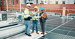 Team, solar panel engineer or people planning maintenance, PV installation or clean energy in city. Group, photovoltaic technician or discussion on roof with blueprint for inspection, point or layout