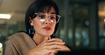 Glasses, night and woman in office, online reading or stock market exchange. Evening, mature person or investor with economy report, bokeh or reflection with research for inflation, email and trading