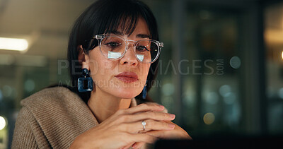 Buy stock photo Glasses, night and woman in office, online reading or stock market exchange. Evening, mature person or investor with economy report, bokeh or reflection with research for inflation, email and trading
