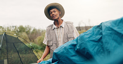 Buy stock photo Camping, man and pitch tent in nature for weekend break, holiday adventure or preparation. Countryside, travel and person setting up shelter at campsite for outdoor vacation, assemble or getaway trip