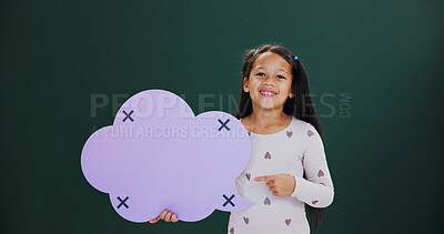 Buy stock photo Portrait, pointing and girl in studio, speech bubble and announcement on green background. Kid, happiness and cloud space with card, promotion and smile with feedback, mockup and offer information
