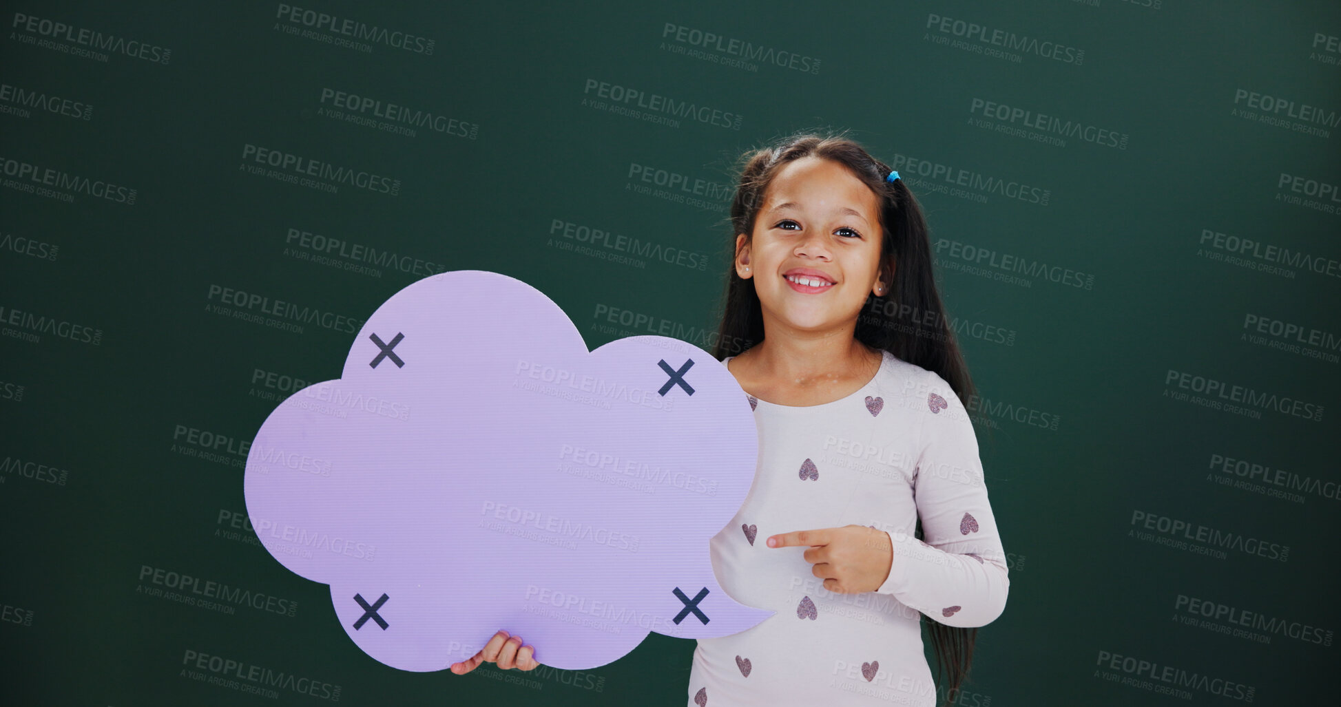Buy stock photo Portrait, pointing and girl in studio, speech bubble and announcement on green background. Kid, happiness and cloud space with card, promotion and smile with feedback, mockup and offer information