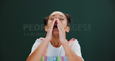 Buy stock photo Studio, sneezing and child with allergies, sick or symptoms of hay fever, mockup space and infection. Green background, illness and girl with flu, health problem and kid with blocked nose and sinus