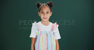 Buy stock photo Portrait, student and girl in studio with smile, education and learning on green background. Happiness, creative or young female child in academy with mockup, space or growth for fashion in childhood