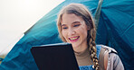 Happy, woman and laptop with tent outdoor for research, watching movies and weather forecast. Female person, reading and pc for camping vacation, browsing internet and online entertainment in nature