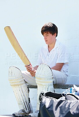 Buy stock photo Child, cricket and nervous for training, test or competition for practice or workout. Teenager, sports and gear for exercise, sport and wall with athlete waiting to bat or pitch for summer fitness