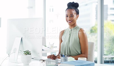 Buy stock photo Administrator, computer and business woman in portrait, planning and schedule for company on technology. Receptionist, system administration and vision, working on website research with employee