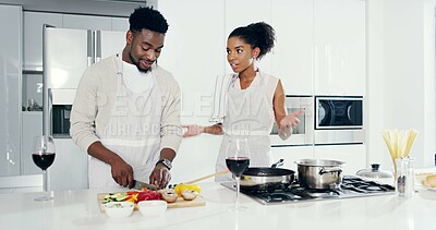 Buy stock photo Couple, kitchen and cooking food together for dinner or supper for date night in home with anniversary. Woman, man and bonding with vegetables or wine in house with love and prepare delicious meal.