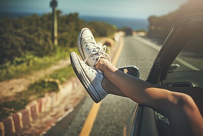 Buy stock photo Car, road trip and feet of person by window for summer holiday, vacation and sunshine on weekend. Journey, drive and freedom with peace at countryside for adventure, travel and tourism in California