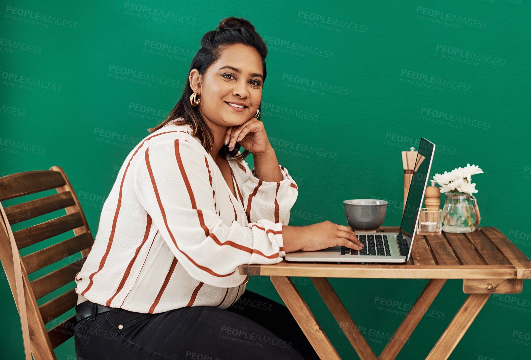 Buy stock photo Laptop, portrait and woman in cafe with freelance job, business plan and writing web article. Computer, typing and happy girl in coffee shop for online consulting, relax or networking for remote work