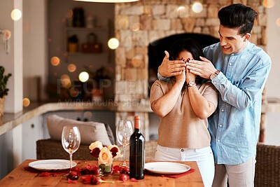 Buy stock photo Couple surprise, romantic home dinner and man cover woman's eyes for fine dining, red wine or Valentines day date. Marriage anniversary love, rose petals and happy people celebrate holiday event