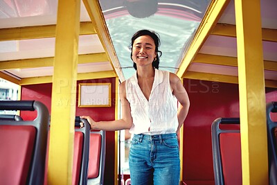 Buy stock photo Travel, portrait and happy asian woman in bus for transportation or commute on holiday or vacation in Malaysia. Female tourist, coach or transit with public vehicle or minibus, journey and adventure.