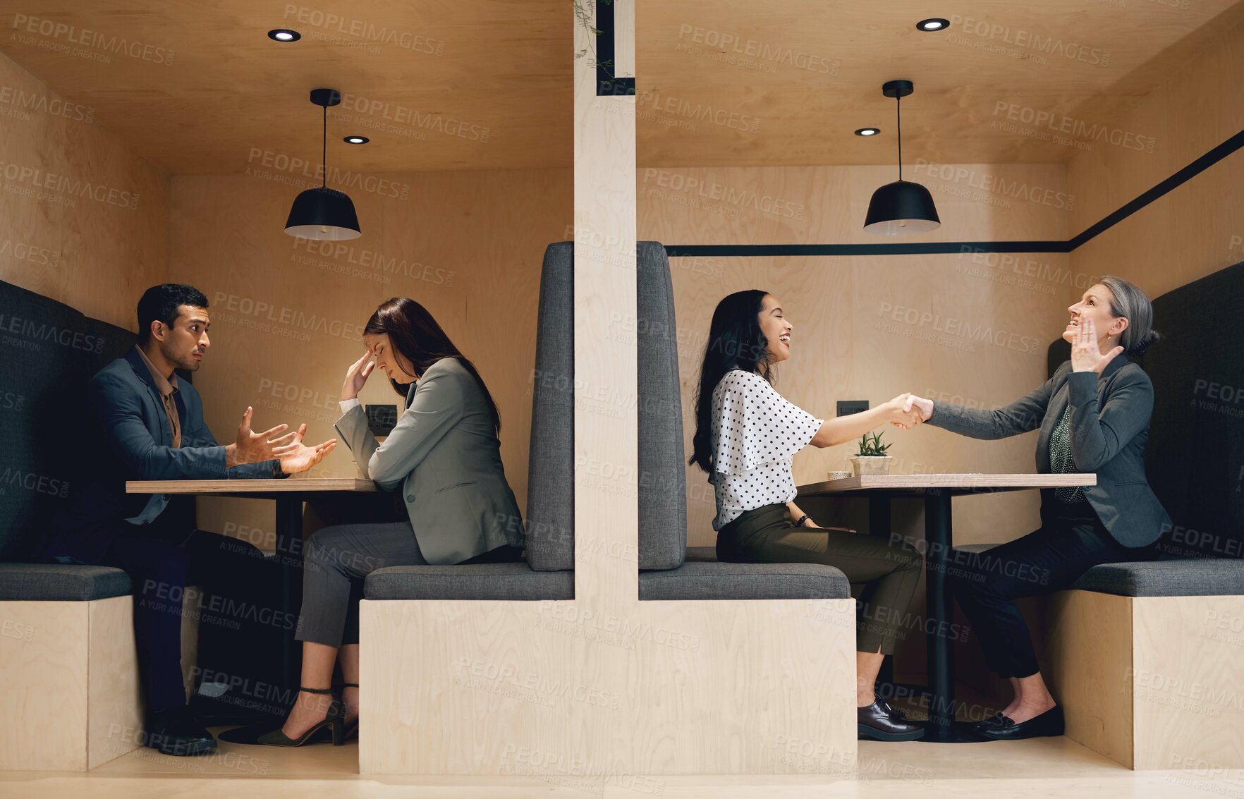 Buy stock photo Human resources, fire and hiring at meeting with business people with handshake, deal and sad for lost job. Manager, hr and recruitment with women, man and together for success, fail and agreement