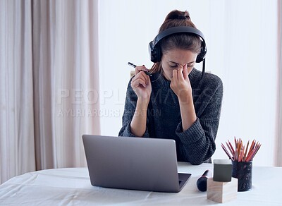 Buy stock photo Stress, teacher and woman with headache in home on laptop for online class, math education and video call lecture. Tired, tutor and computer for remote learning on webinar with fatigue or burnout