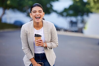 Buy stock photo Businesswoman, laugh and smile in portrait with smartphone on lunch break with coffee for relax in street. Joy, comic and relief from job or work with positive, happiness and confidence with pride