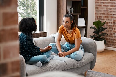 Buy stock photo Relax, conversation and mother with daughter on sofa in living room for communication, empathy and support. Gossip, helping and discussion with woman and girl in family home for trust and bonding