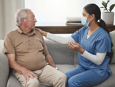 Buy stock photo Senior care, man and nurse on couch with mask, support and advice at nursing home together. Healthcare, elderly person and caregiver on sofa for consultation, help or homecare in retirement in lounge
