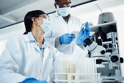 Buy stock photo People, mask or scientists on tablet for test tube results, life extension or antiaging medicine in laboratory. Teamwork, vial or biologists with chemistry research, liquid or science info update