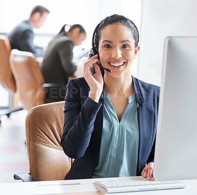 Buy stock photo Portrait, woman and computer in call center with headphones for customer service, consulting and communication. Female person, smile and headset at desk for telemarketing, sales support and crm
