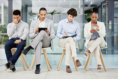 Buy stock photo Business people, interview and waiting room with hiring opportunity, patience for assessment or application for employment. Human resources, meeting and recruitment process at company with onboarding
