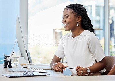 Buy stock photo African woman, office and computer for working, research and online report for web article. Reporter, technology and smile for startup, news agency or creative writing for New York affirmative action