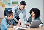 Business team, laptop and creative research collaboration or data analysis in modern office. Happy marketing innovation colleagues, teamwork strategy and asian businessman leading corporate meeting