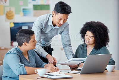Buy stock photo Business team, laptop and creative research collaboration or data analysis in modern office. Happy marketing innovation colleagues, teamwork strategy and asian businessman leading corporate meeting