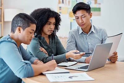 Buy stock photo Tech data, teamwork and computer information check of an office team working together. Technology collaboration and online business strategy of web marketing workers with company documents planning