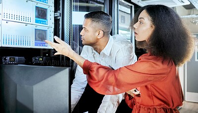 Buy stock photo Server room, team and repair of computer hardware for cloud computing, cloud and cyber security. Database, datacenter and software engineers fixing dashboard equipment for information technology 