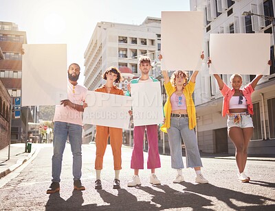 Buy stock photo Diversity, mockup and young people protest, city and posters for human right, justice and equality. Friends, protesters and group with blank cards, march and fight for injustice, change and in street
