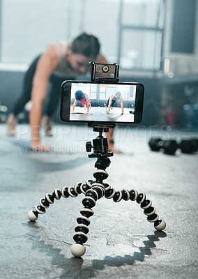 Buy stock photo Influencer, phone and fitness women recording, filming or broadcast online training video, exercise tutorial or guide. Sports, screen and athlete team, people of friends live streaming gym workout
