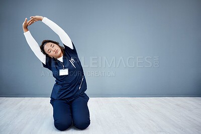 Buy stock photo Tired nurse, stretching or arms up on hospital mockup, clinic backdrop or wall mock up in wellness mobility, joint support or healthcare. Doctor, woman or medical physiotherapist and hands in warm up