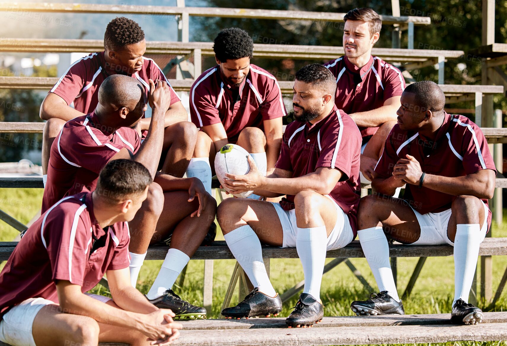 Buy stock photo Sports, fitness and rugby team with ball ready for exercise, training and workout for field practice. Depression, teamwork and sad athletes on stadium stand after match, game and competition loss
