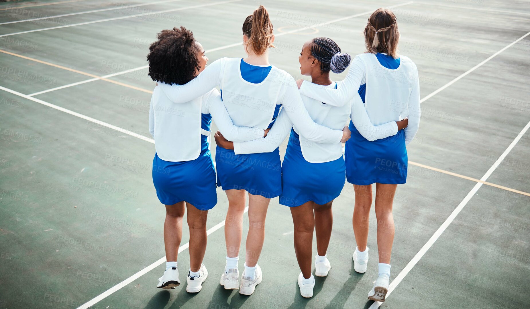 Buy stock photo Netball team, sport on court and diversity, athlete group and training for game, girls outdoor and back view. College sports, students and teamwork exercise, competition and fitness with friends