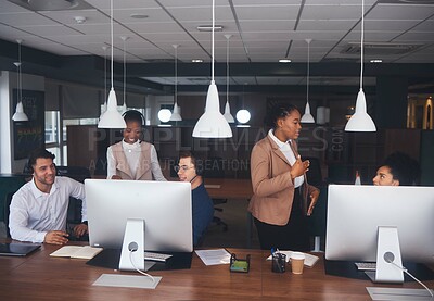 Buy stock photo Together, talking and people in call center coworking, training and helping with customer service. Advice, help and employees speaking to group of agents working in online support about telemarketing